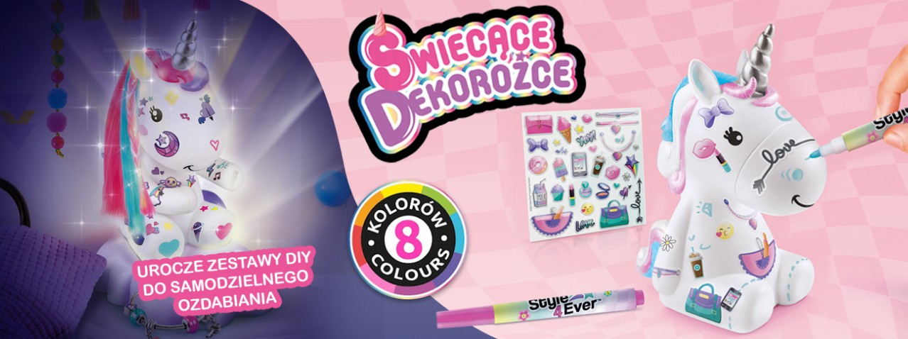 Jednorożec z zestawu Świecące Dekoróżce od Epee – kreatywny zestaw DIY do samodzielnego ozdabiania z pisakami i naklejkami, który pozwala stworzyć magiczną, świecącą dekorację w 8 kolorach.