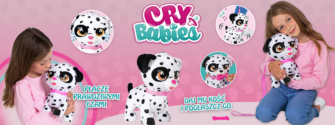 Dziewczynka bawiąca się interaktywnym pieskiem Cry Babies Dalmatyńczyk Spot od Epee – uroczy pluszak, który płacze prawdziwymi łzami, reaguje na dotyk i prosi o przytulenie oraz zabawę.
