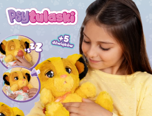 Dziewczynka przytulająca interaktywnego Psytulaska od Epee w wersji żółtej – pluszowy piesek z funkcją dźwięków i zamykających się oczu, stworzony do kochania i opieki.