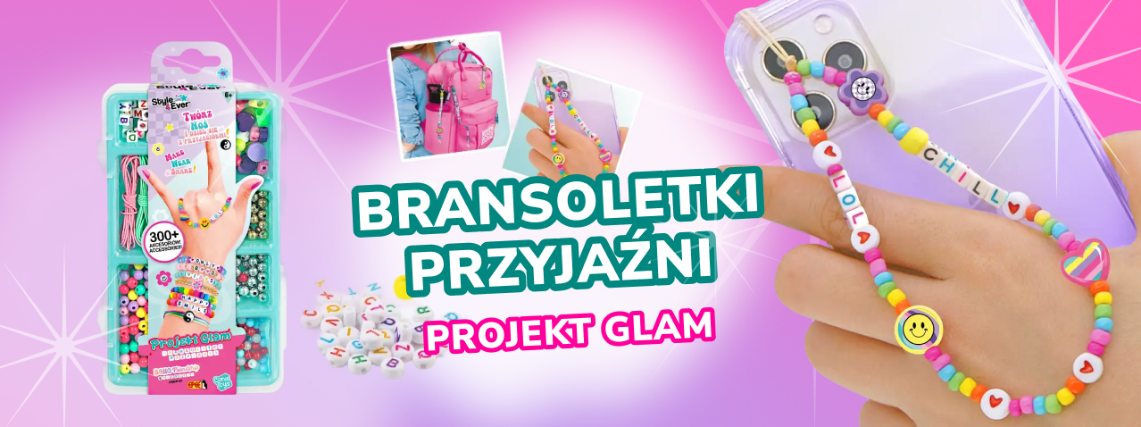 Zestaw kreatywny Style 4 Ever Projekt Glam – Bransoletki Przyjaźni do tworzenia kolorowych bransoletek i zawieszek z koralików. Na zdjęciu widać gotową ozdobę z napisem „CHILL” przyczepioną do telefonu.