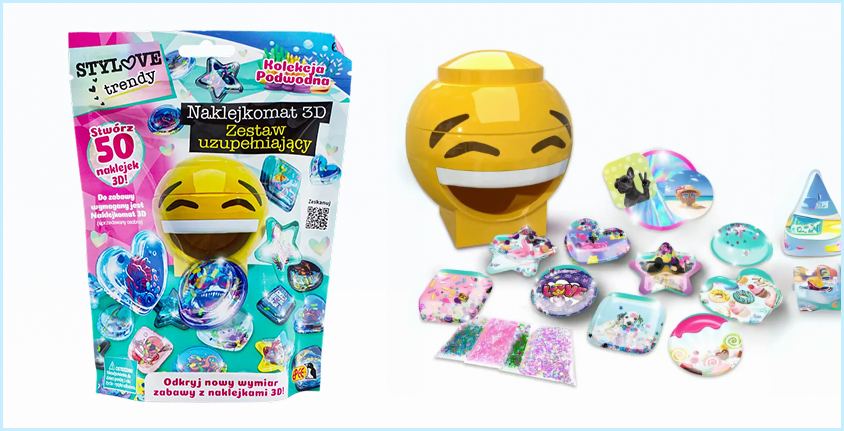 Zestaw kreatywny Naklejkomat 3D – Kolekcja Podwodna z maszynką w kształcie żółtej emotki oraz elementami do tworzenia kolorowych naklejek 3D o motywach morskich, brokatem i foliami dekoracyjnymi.