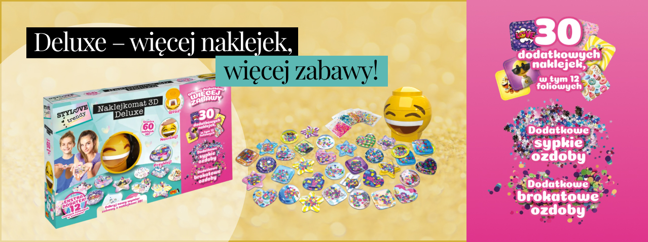 Zestaw Naklejkomat 3D Deluxe – kolorowy komplet kreatywny z żółtym pojemnikiem emoji, 60 naklejkami 3D, brokatowymi i sypkimi ozdobami, zapewniający jeszcze więcej zabawy i możliwości dekoracji.