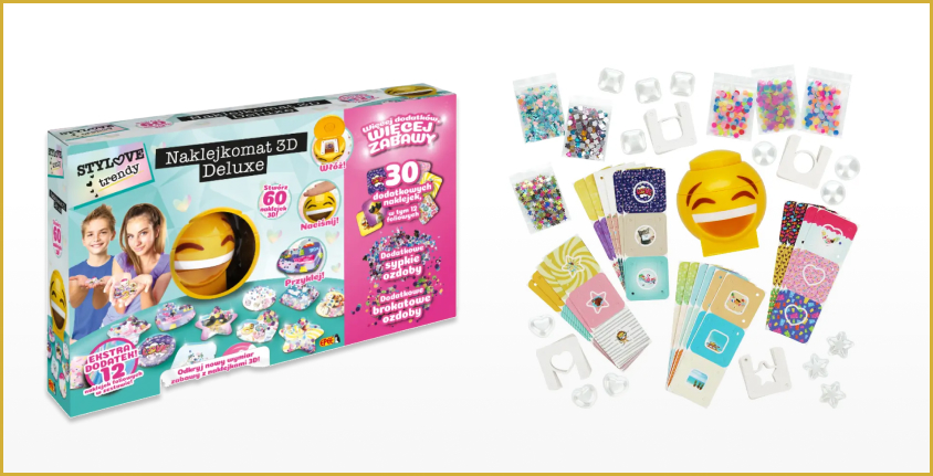 Zestaw kreatywny Naklejkomat 3D Deluxe z żółtym pojemnikiem emoji, kolorowymi naklejkami 3D, brokatem, sypkimi ozdobami i kartami do dekorowania – idealny do tworzenia błyszczących, trójwymiarowych naklejek.