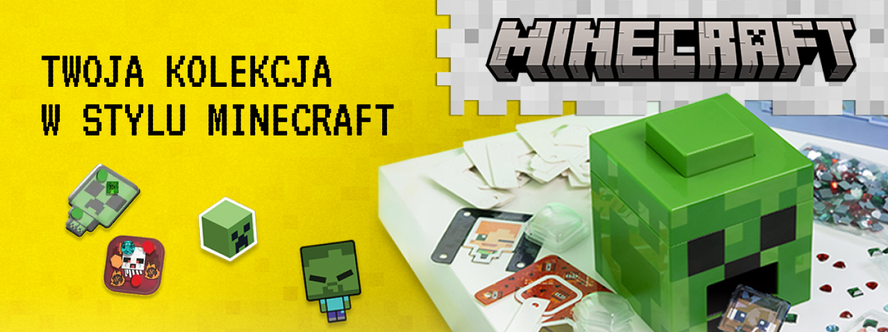 Zestaw kreatywny Naklejkomat 3D Minecraft z pudełkiem w kształcie głowy Creepera oraz akcesoriami do tworzenia przestrzennych naklejek inspirowanych światem gry Minecraft — idealny dla fanów pikselowej zabawy.