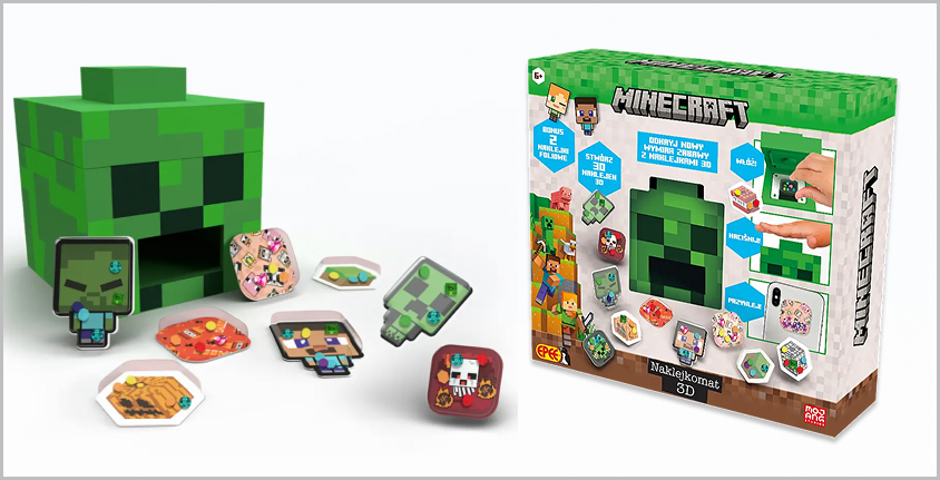 Zestaw Naklejkomat 3D Minecraft z pudełkiem w kształcie Creepera oraz elementami do tworzenia kolorowych naklejek 3D przedstawiających postacie i motywy z gry Minecraft, takich jak Steve, zombie i blok ziemi.