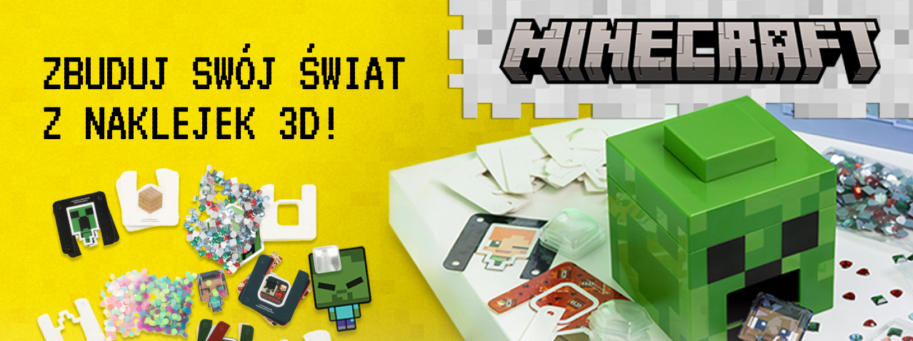 Naklejkomat 3D Minecraft Zestaw uzupełniający – kreatywny komplet z motywami z gry Minecraft, w tym pudełko w kształcie Creepera, kolorowe naklejki 3D i elementy do tworzenia własnego świata w pikselowym stylu.