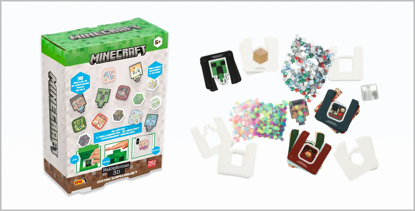 Zestaw Naklejkomat 3D Minecraft – Zestaw uzupełniający z elementami do tworzenia kolorowych naklejek 3D przedstawiających postacie i bloki z gry Minecraft, idealny do rozwijania kolekcji kreatywnych ozdób.