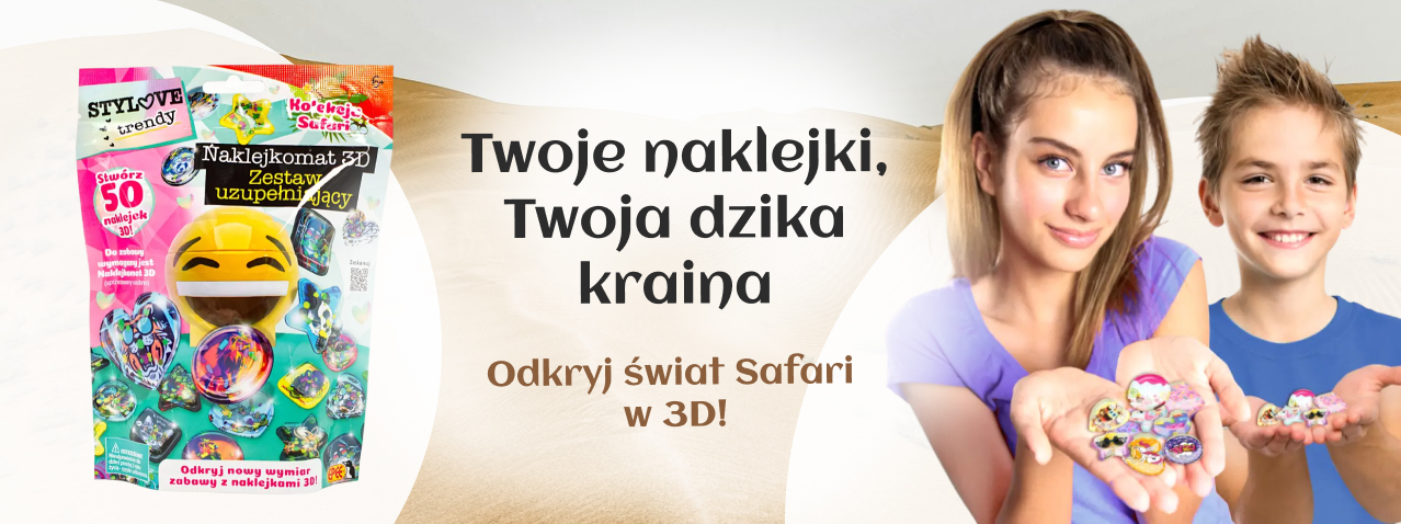 Dwójka uśmiechniętych dzieci trzyma w dłoniach kolorowe naklejki 3D z zestawu Naklejkomat 3D – Kolekcja Podwodna, prezentując efekty kreatywnej zabawy.