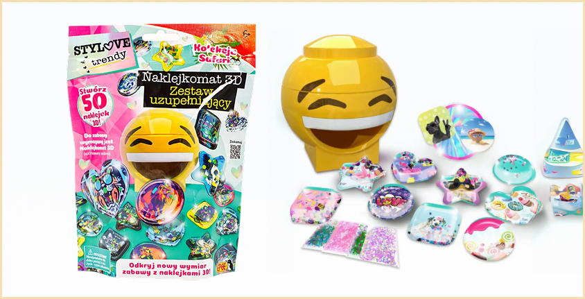 Zestaw kreatywny Naklejkomat 3D – Kolekcja Safari z maszynką w kształcie żółtej emotki oraz elementami do tworzenia 50 kolorowych naklejek 3D z motywami zwierząt, brokatem i foliami dekoracyjnymi.