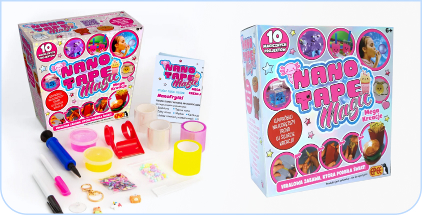 Zestaw kreatywny Nano Tape Magic Mega Kreacje – kolorowe pudełko z akcesoriami do tworzenia dekoracji z taśmy nano, w tym taśmami, pompką, brokatem, markerami i ozdobami. Idealny zestaw DIY do projektowania błyszczących figurek i breloczków.