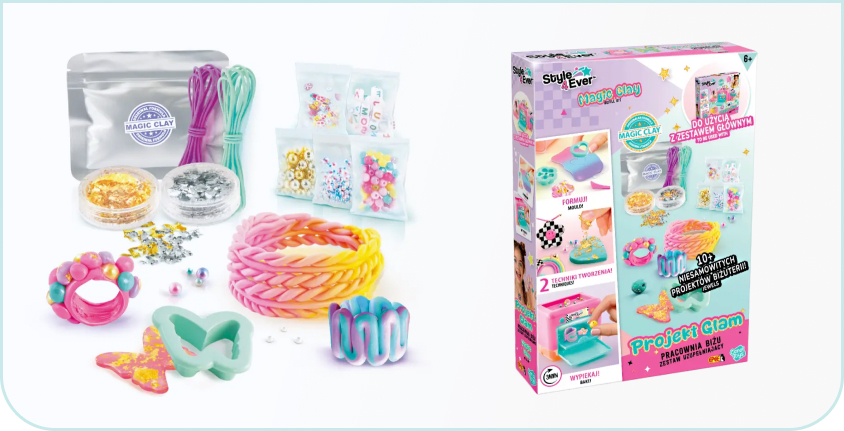 Zestaw Style 4 Ever Projekt Glam – Pracownia Biżu Zestaw Uzupełniający z kolorową masą Magic Clay, formami, koralikami i brokatem do tworzenia biżuterii, pierścionków i bransoletek.