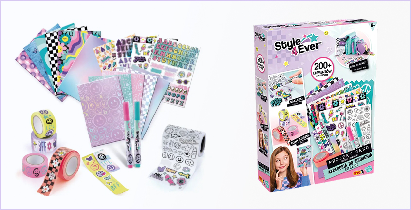 Zestaw Style 4 Ever Projekt Deko – Akcesoria do Zdobienia z kolorowymi taśmami dekoracyjnymi, naklejkami, markerami i arkuszami papieru do kreatywnego ozdabiania zeszytów, notesów i akcesoriów.