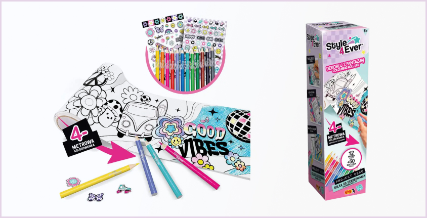 Zestaw Style 4 Ever Projekt Deko – Rolka do Dekorowania z 4-metrową taśmą do kolorowania, kredkami, naklejkami i wzorami „Good Vibes” do kreatywnej zabawy i dekoracji.