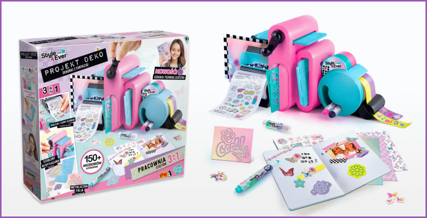 Zestaw kreatywny Style 4 Ever Projekt Deko 3 w 1 – Pracownia Stylu z różowoniebieskim urządzeniem do tworzenia naklejek i ozdób, taśmami dekoracyjnymi, markerami i zeszytem do projektowania własnych wzorów.