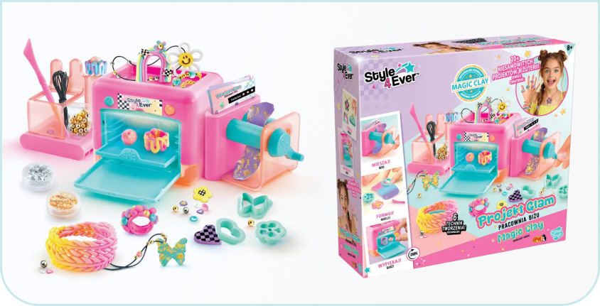 Zestaw Style 4 Ever Projekt Glam – Pracownia Biżu Magic Clay z akcesoriami do tworzenia biżuterii: masa plastyczna, foremki, koraliki, piecyk i narzędzia do modelowania.