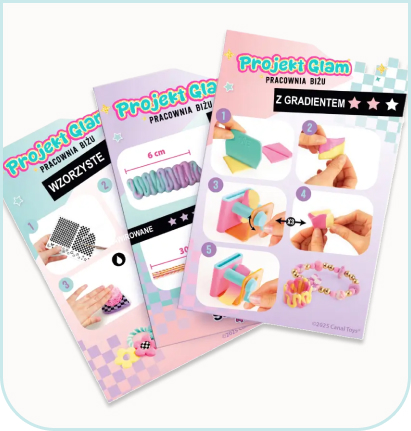 Instrukcje tworzenia biżuterii z zestawu Style 4 Ever Projekt Glam – Pracownia Biżu Magic Clay, pokazujące krok po kroku techniki wzorzyste i z gradientem.