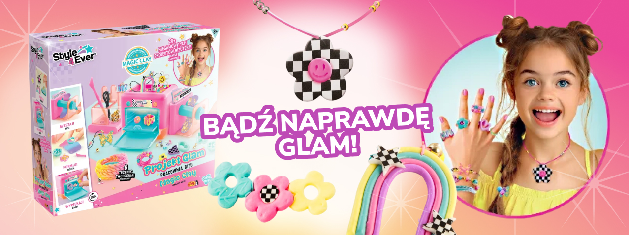 Zestaw kreatywny Style 4 Ever Projekt Glam – Pracownia Biżu do tworzenia biżuterii z masy Magic Clay. Dziewczynka prezentuje własnoręcznie wykonane kolorowe pierścionki i naszyjnik w kształcie kwiatka w stylu glam.
