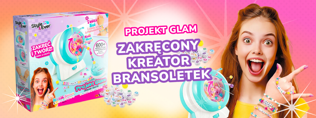 Zestaw kreatywny Style 4 Ever Projekt Glam – Zakręcony Kreator Bransoletek do tworzenia kolorowych bransoletek z koralików. Dziewczynka prezentuje własnoręcznie wykonane ozdoby na rękach.