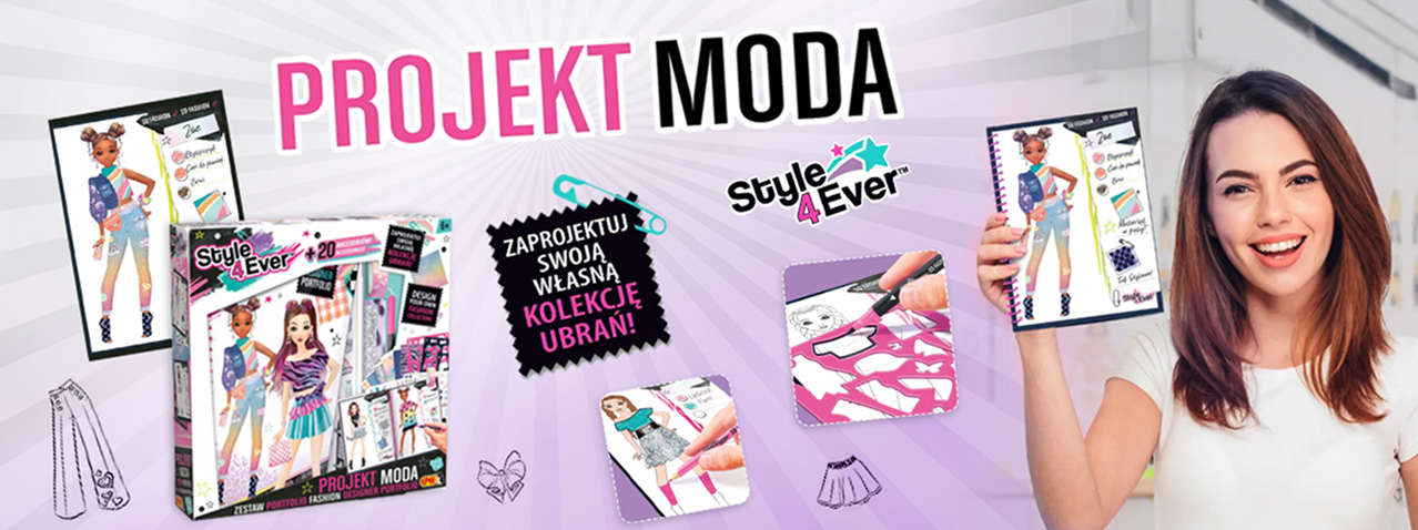 Zestaw kreatywny Projekt Moda Style 4 Ever – portfolio do projektowania ubrań z szablonami, naklejkami i kolorowankami, pozwalający stworzyć własną kolekcję mody i rozwijać wyobraźnię artystyczną.