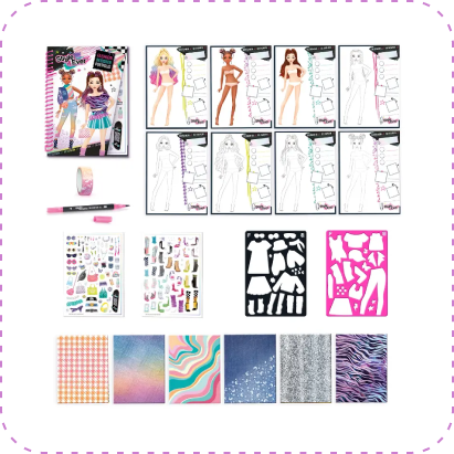 Zestaw Projekt Moda Style 4 Ever – komplet kreatywny z arkuszami modelek, szablonami ubrań, naklejkami, kolorowymi papierami i markerem do projektowania własnej kolekcji modowej.
