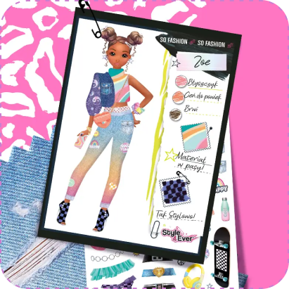Szkic modowy z zestawu Projekt Moda Style 4 Ever przedstawiający modelkę w kolorowej stylizacji z opisanymi materiałami i dodatkami, wykonany w kreatywnym portfolio dla młodych projektantek.