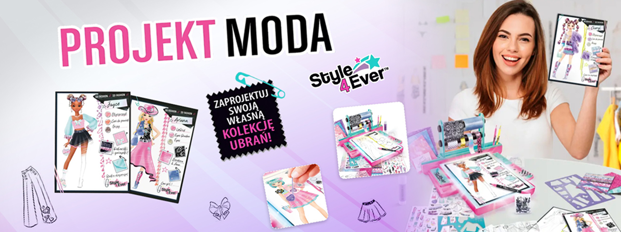 Zestaw Projekt Moda Style 4 Ever – Pracownia z podświetlaną tablicą przedstawiający kreatywne stanowisko do projektowania ubrań z szablonami, szkicami modelek i akcesoriami, umożliwiający tworzenie własnej kolekcji modowej.