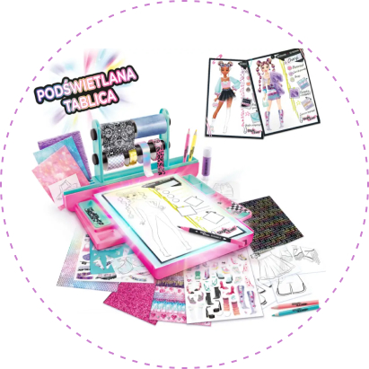 Zestaw Projekt Moda Style 4 Ever – Pracownia z podświetlaną tablicą z akcesoriami do projektowania ubrań: tablicą świetlną, szablonami, arkuszami modelek, papierami dekoracyjnymi i flamastrami do tworzenia modowych kreacji.