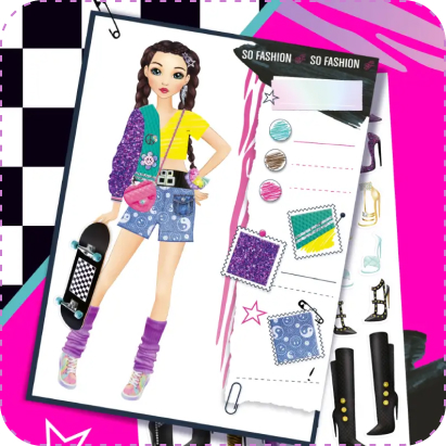 Gotowy projekt z zestawu Projekt Moda Style 4 Ever – Szkicownik, przedstawiający modową stylizację z krótkimi jeansowymi spodenkami, żółtą bluzką i deskorolką jako dodatkiem, utrzymaną w młodzieżowym, streetwearowym stylu.