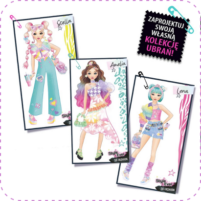 Trzy gotowe projekty z zestawu Projekt Moda – Podświetlana Tablica do Projektowania Style 4 Ever, przedstawiające modne stylizacje postaci o imionach Stella, Amelia i Lena w kolorowych, kreatywnych ubraniach.