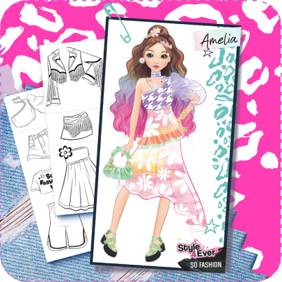 Projekt modowy z zestawu Projekt Moda – Podświetlana Tablica do Projektowania Style 4 Ever, przedstawiający postać o imieniu Amelia w kolorowej, kwiecistej sukience z dodatkami, obok szkiców ubrań pomocnych przy tworzeniu stylizacji.