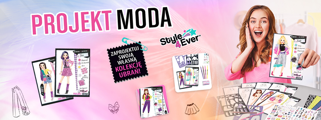 Zestaw Projekt Moda Style 4 Ever – Imprezowe Stylizacje, który pozwala tworzyć własne projekty modowe. Na grafice widać osobę trzymającą gotowy projekt oraz elementy zestawu: szablony ubrań, arkusze z modelkami, naklejki i kolorowe akcesoria do projektowania stylizacji na wyjątkowe okazje.
