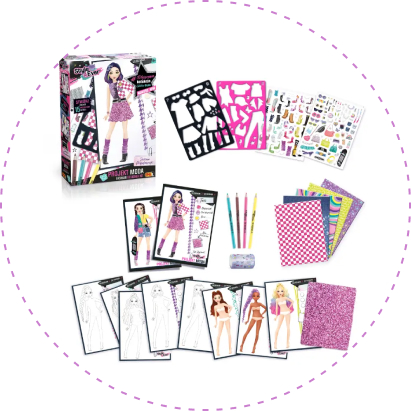 Zestaw Projekt Moda Style 4 Ever – Imprezowe Stylizacje, zawierający arkusze z modelkami, kolorowe papiery, szablony ubrań, naklejki, kredki oraz elementy dekoracyjne do tworzenia modnych projektów inspirowanych stylizacjami imprezowymi.