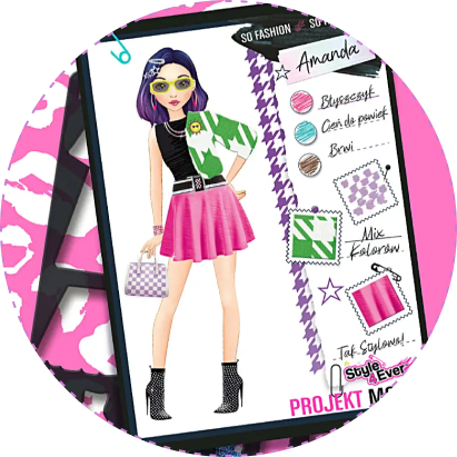 Projekt modowy z zestawu Projekt Moda Style 4 Ever – Imprezowe Stylizacje, przedstawiający modelkę w różowo-zielonej stylizacji z akcesoriami i opisem detali, takich jak błyszczyk, cień do powiek i mix kolorów.