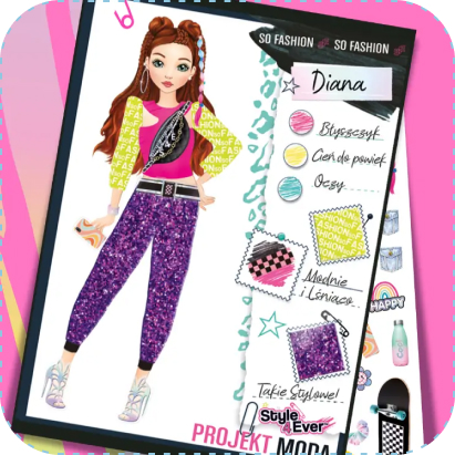 Gotowy projekt z zestawu Projekt Moda Style 4 Ever – Stylizacje na co dzień, przedstawiający postać o imieniu Diana w kolorowej, błyszczącej stylizacji z fioletowymi spodniami, żółtą bluzką i modnymi dodatkami.