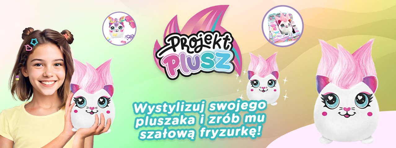 Grafika promująca zestaw Projekt Plusz Fryzurki – Klejnotka, przedstawiająca dziewczynkę z uśmiechem trzymającą pluszaka o dużych uszach i różowych włosach oraz możliwości stylizacji jego fryzury za pomocą ręcznego aerografu.