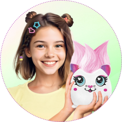 Dziewczynka prezentuje pluszową zabawkę z Projekt Plusz Klejnotkę z różowymi włosami.