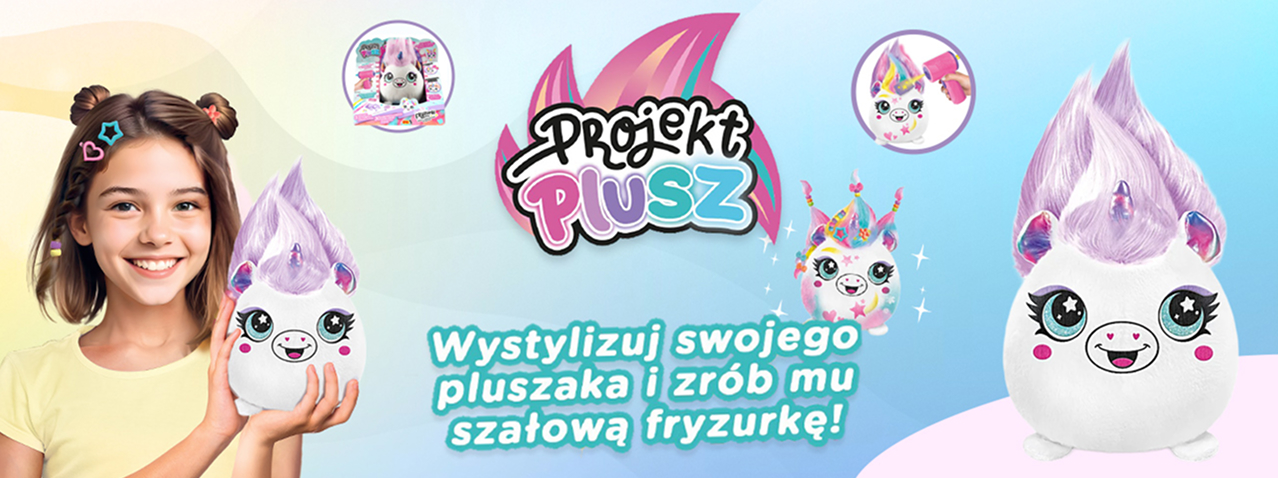 Dziewczynka trzyma pluszowego jednorożca z kolorowymi włosami – zestaw Projekt Plusz Fryzurki z elektronicznym aerografem do stylizacji maskotek