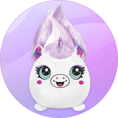 Pluszowy jednorożec z dużymi oczami i wysoką fioletową fryzurą – maskotka Projekt Plusz do stylizacji włosów