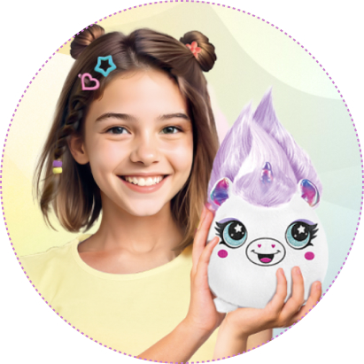 Uśmiechnięta dziewczynka trzyma pluszowego jednorożca z fioletową fryzurą – zabawka Projekt Plusz do stylizacji włosów