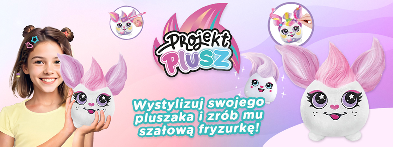 Grafika promująca zestaw Projekt Plusz Fryzurki – Różyczka, przedstawiająca dziewczynkę z uśmiechem trzymającą pluszaka o dużych uszach i różowych włosach oraz możliwości stylizacji jego fryzury za pomocą ręcznego aerografu.