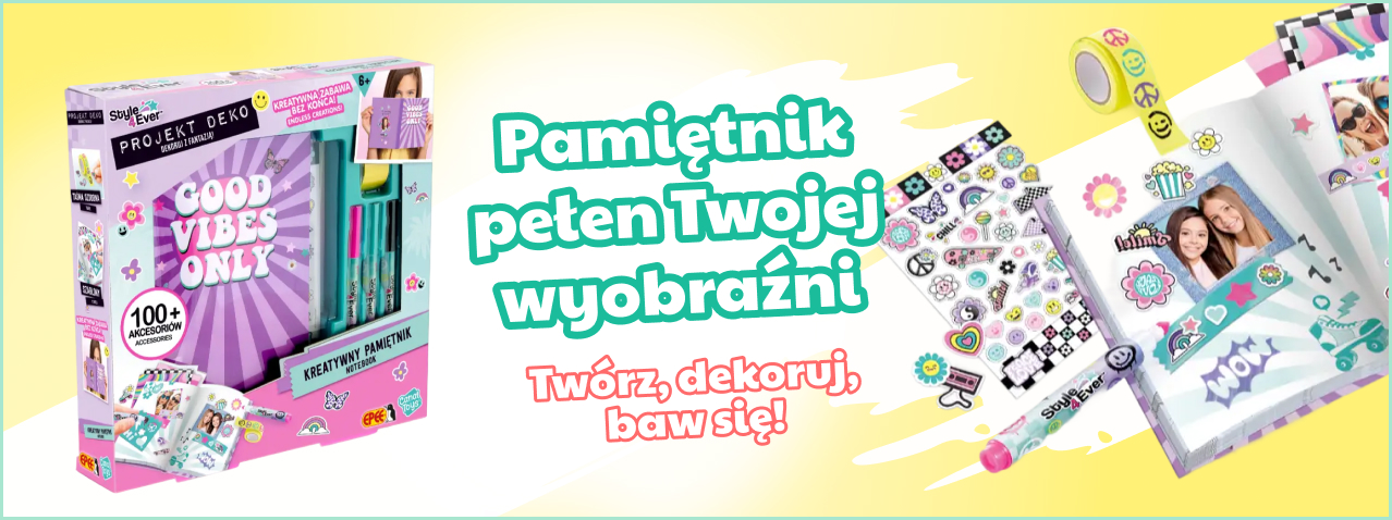 Zestaw Style 4 Ever Projekt Deko – Kreatywny Pamiętnik z napisem „Good Vibes Only”, kolorowymi naklejkami, taśmami dekoracyjnymi i markerami, idealny do tworzenia, ozdabiania i personalizacji własnego pamiętnika.